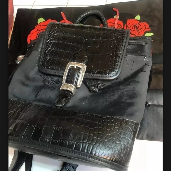 Authentic Vintage Brighton Leather Crocodile Black BackPack Heart Charm Silver - Picture 3 of 15